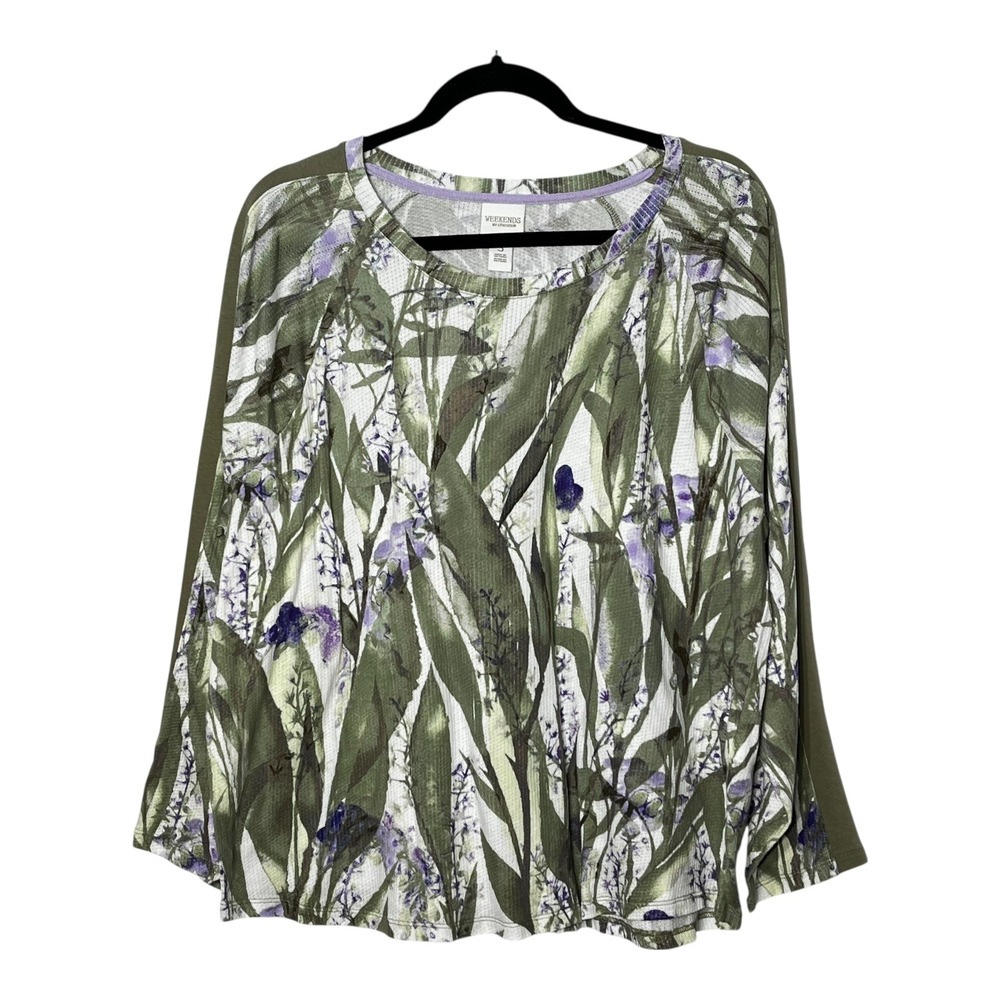 Weekends by Chico's Olive Green Floral Waffle Knit Top Long Sleeve Size 3 XL